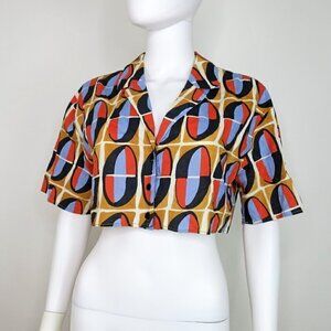 Zara 80's Print Button Front Crop Top Open Back Women's Medium
